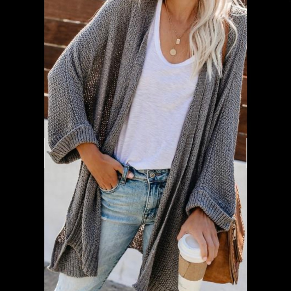 Grey 3/4 Sleeve Knit Cardigan
